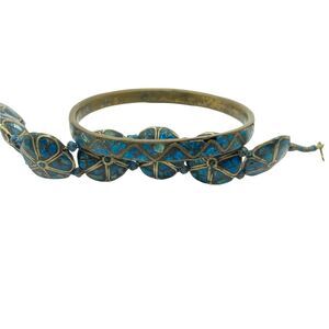Bracelet Set Vintage Blue Crushed Turquoise And Brass Bangle Bracelets 7" Boho